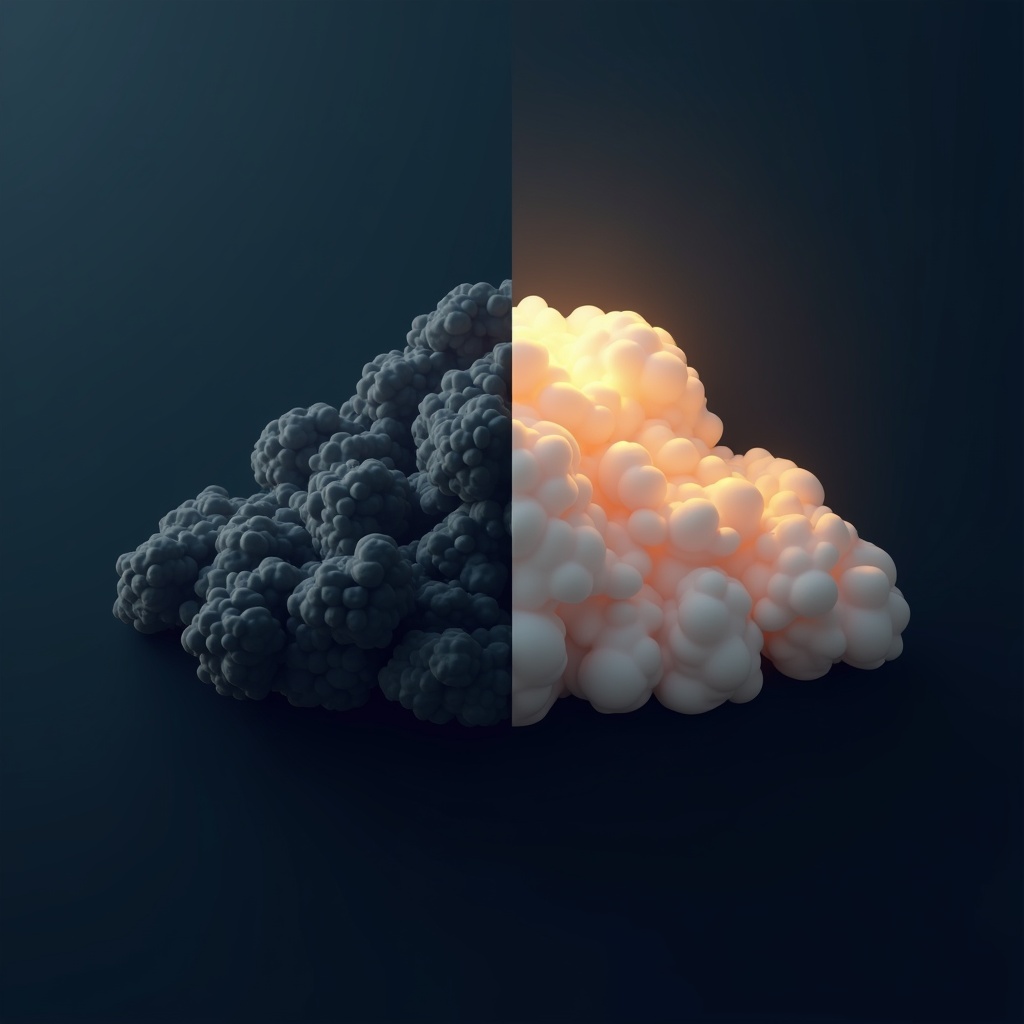 Abstrakte Gegenüberstellung von Server-Architektur und Cloud-Formen in Navy und Gold